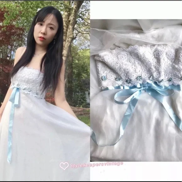 💖Gunne Sax💖Style Romantic Bridal Ivory Blue Ribbon Eyelet Lace Dress Sz S 💐 - Picture 2 of 10